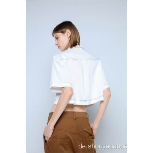 LADIES WHITE CROPPED BLOUSE MIT KURZEN ÄRMELN